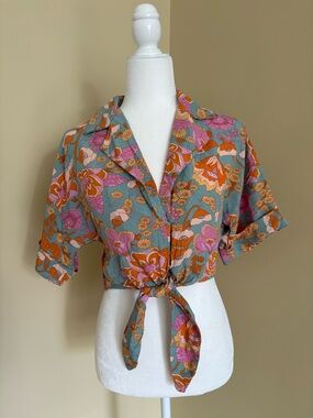 Love Notes Floral Tie-Front Crop Top in Teal, Pink & Orange